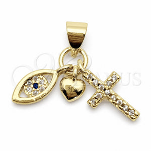 Dije Religioso 05.459.0097 Oro Laminado, Diseño de Ojo Griego y Corazón, con Zirconia Cubica Blanca y Negro, Pulido, Tono Dorado