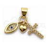 Dije Religioso 05.459.0097 Oro Laminado, Diseño de Ojo Griego y Corazón, con Zirconia Cubica Blanca y Negro, Pulido, Tono Dorado