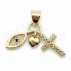 Dije Religioso 05.459.0097 Oro Laminado, Diseño de Ojo Griego y Corazón, con Zirconia Cubica Blanca y Negro, Pulido, Tono Dorado