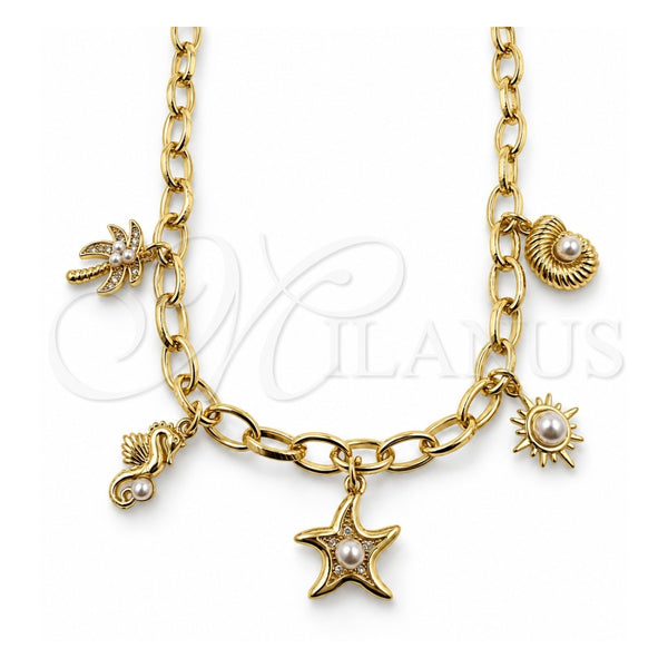 Gargantilla Elegante 04.470.0004.18 Oro Laminado, Diseño de Caracol y Estrella, con Zirconia Cubica Blanca y Perla Marfil, Pulido, Tono Dorado (Grosor 05.7 MM, 18 Pulgadas de Largo)