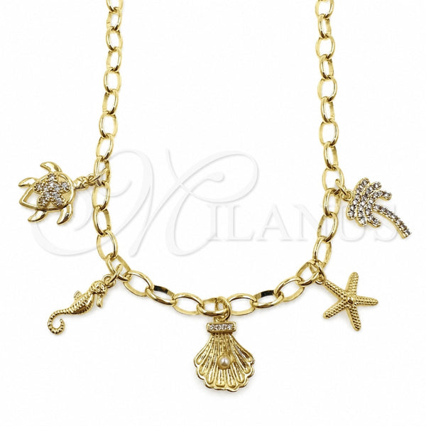 Gargantilla Elegante 04.470.0008.18 Oro Laminado, Diseño de Tortuga y Flor, con Zirconia Cubica Blanca y Perla Marfil, Pulido, Tono Dorado (Grosor 05 MM, 18 Pulgadas de Largo)
