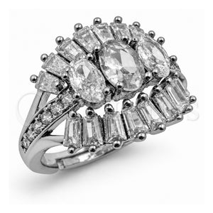 Anillo Multi Piedra 01.471.0030 Oro Laminado Blanco, Diseño de Ojo Griego y Baguette, con Zirconia Cubica Blanca, Pulido, Rodinado (Talla Unica)
