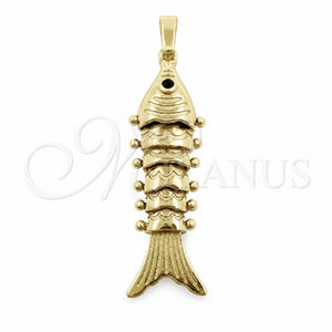 Dije Elegante 05.195.0045 Oro Laminado, Diseño de Pescado, con Zirconia Cubica Negro, Pulido, Tono Dorado