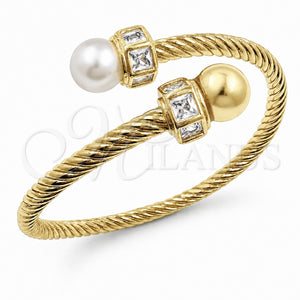 Aro Individual 07.459.0003.2 Oro Laminado, Diseño de Torcido y Bola, con Perla Marfil y Zirconia Cubica Blanca, Pulido, Tono Dorado (Grosor 04.2 MM, Talla Unica)