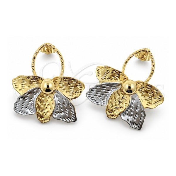 Arete Dormilona 02.472.0007 Oro Laminado, Diseño de Flor y Oja, Diamantado, Dos Tonos