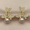 Arete Dormilona 02.472.0011 Oro Laminado, Diseño de Mariposa y Bola, con Perla Marfil y Zirconia Cubica Blanca, Pulido, Tono Dorado
