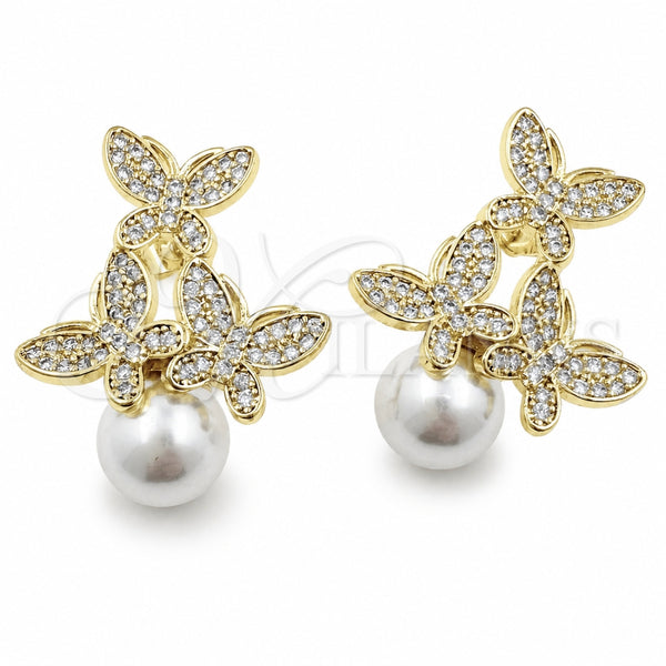 Arete Dormilona 02.472.0011 Oro Laminado, Diseño de Mariposa y Bola, con Perla Marfil y Zirconia Cubica Blanca, Pulido, Tono Dorado