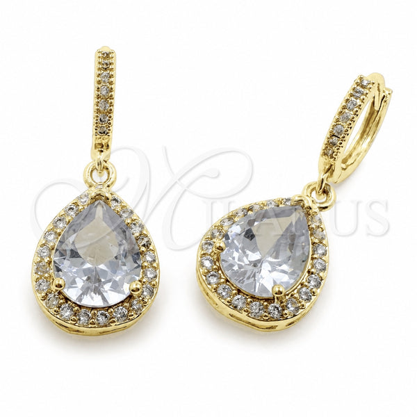 Arete Colgante 02.472.0012 Oro Laminado, Diseño de Gota y Cluster, con Zirconia Cubica Blanca y Micro Pave Blanca, Pulido, Tono Dorado