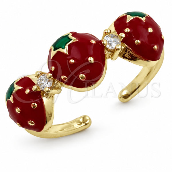Anillo Multi Piedra 01.472.0007 Oro Laminado, Diseño de Fresa, con Zirconia Cubica Blanca, Esmaltado Rojo, Tono Dorado (Talla Unica)