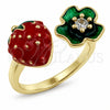 Anillo Multi Piedra 01.472.0008 Oro Laminado, Diseño de Fresa y Flor, con Zirconia Cubica Blanca, Esmaltado Rojo, Tono Dorado (Talla Unica)