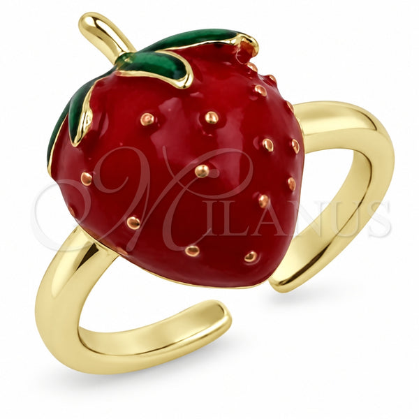 Anillo Elegante 01.472.0010 Oro Laminado, Diseño de Fresa, Esmaltado Rojo, Tono Dorado (Talla Unica)