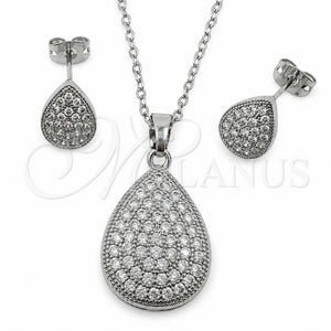 Juego de Arete y Dije de Adulto 10.448.0023 Oro Laminado Blanco, Diseño de Gota y Rolo, con Zirconia Cubica Blanca, Pulido, Rodinado