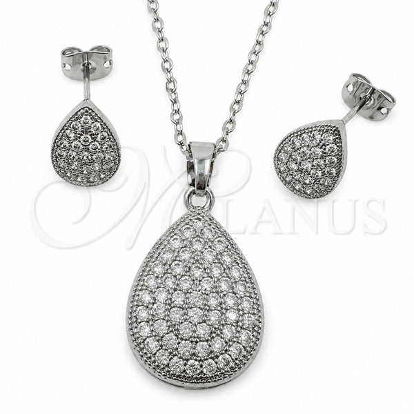 Juego de Arete y Dije de Adulto 10.448.0023 Oro Laminado Blanco, Diseño de Gota y Rolo, con Zirconia Cubica Blanca, Pulido, Rodinado