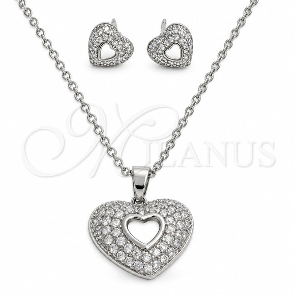 Juego de Arete y Dije de Adulto 10.448.0025 Oro Laminado Blanco, Diseño de Corazón, con Zirconia Cubica Blanca, Pulido, Rodinado