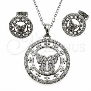 Juego de Arete y Dije de Adulto 10.448.0026 Oro Laminado Blanco, Diseño de Mariposa, con Zirconia Cubica Blanca, Pulido, Rodinado