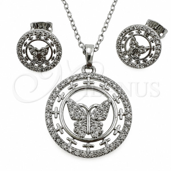 Juego de Arete y Dije de Adulto 10.448.0026 Oro Laminado Blanco, Diseño de Mariposa, con Zirconia Cubica Blanca, Pulido, Rodinado