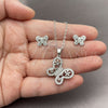 Juego de Arete y Dije de Adulto 10.448.0028 Oro Laminado Blanco, Diseño de Mariposa y Flor, con Zirconia Cubica Blanca, Pulido, Rodinado