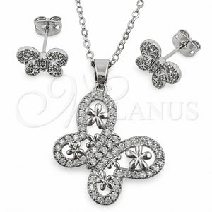 Juego de Arete y Dije de Adulto 10.448.0028 Oro Laminado Blanco, Diseño de Mariposa y Flor, con Zirconia Cubica Blanca, Pulido, Rodinado