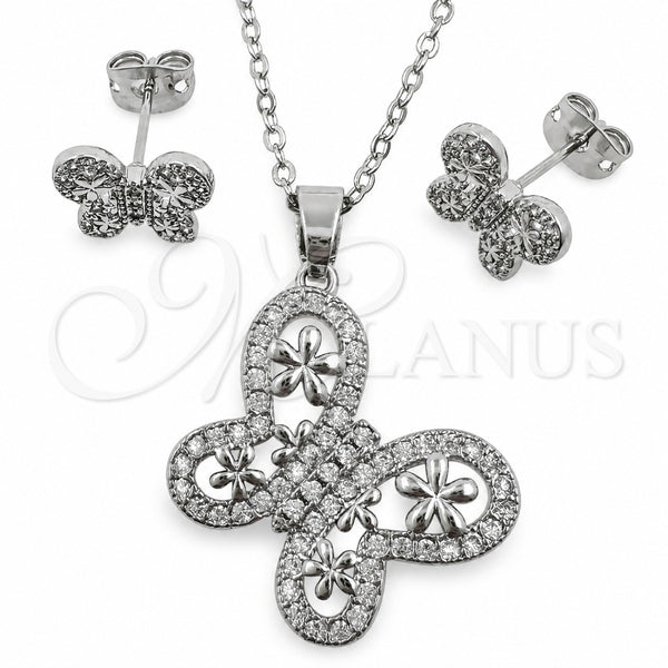 Juego de Arete y Dije de Adulto 10.448.0028 Oro Laminado Blanco, Diseño de Mariposa y Flor, con Zirconia Cubica Blanca, Pulido, Rodinado