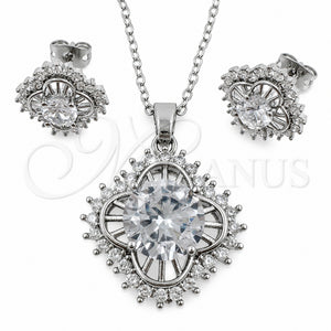 Juego de Arete y Dije de Adulto 10.448.0029 Oro Laminado Blanco, Diseño de Trébol de Cuatro Hojas y Cluster, con Zirconia Cubica Blanca, Pulido, Rodinado