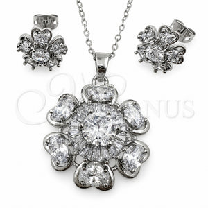 Juego de Arete y Dije de Adulto 10.448.0030 Oro Laminado Blanco, Diseño de Flor y Corazón, con Zirconia Cubica Blanca, Pulido, Rodinado