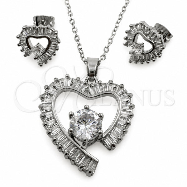 Juego de Arete y Dije de Adulto 10.448.0031 Oro Laminado Blanco, Diseño de Corazón y Baguette, con Zirconia Cubica Blanca, Pulido, Rodinado