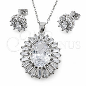 Juego de Arete y Dije de Adulto 10.448.0032 Oro Laminado Blanco, Diseño de Baguette y Cluster, con Zirconia Cubica Blanca, Pulido, Rodinado