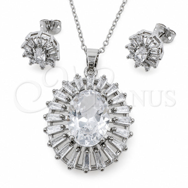 Juego de Arete y Dije de Adulto 10.448.0032 Oro Laminado Blanco, Diseño de Baguette y Cluster, con Zirconia Cubica Blanca, Pulido, Rodinado