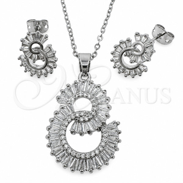 Juego de Arete y Dije de Adulto 10.448.0033 Oro Laminado Blanco, Diseño de Baguette, con Zirconia Cubica Blanca y Micro Pave Blanca, Pulido, Rodinado