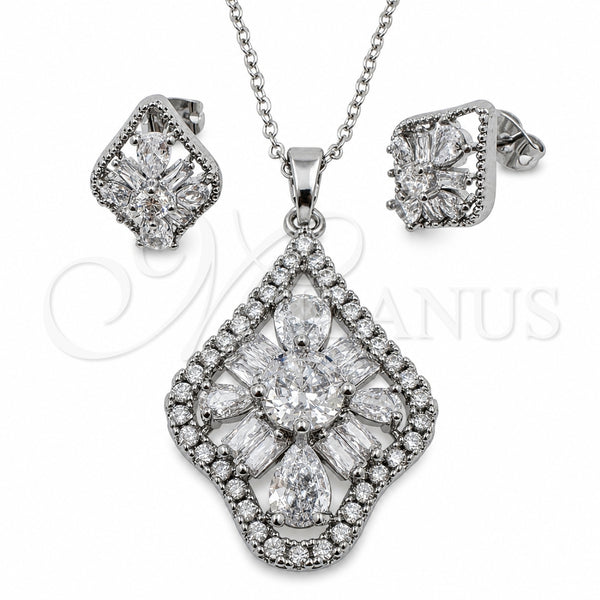 Juego de Arete y Dije de Adulto 10.448.0034 Oro Laminado Blanco, Diseño de Gota y Cluster, con Zirconia Cubica Blanca, Pulido, Rodinado