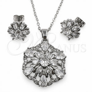 Juego de Arete y Dije de Adulto 10.448.0035 Oro Laminado Blanco, Diseño de Flor y Gota, con Zirconia Cubica Blanca y Micro Pave Blanca, Pulido, Rodinado