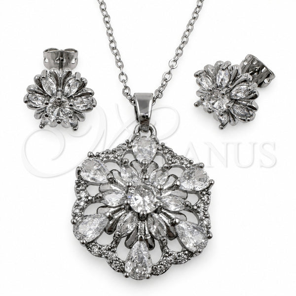 Juego de Arete y Dije de Adulto 10.448.0035 Oro Laminado Blanco, Diseño de Flor y Gota, con Zirconia Cubica Blanca y Micro Pave Blanca, Pulido, Rodinado