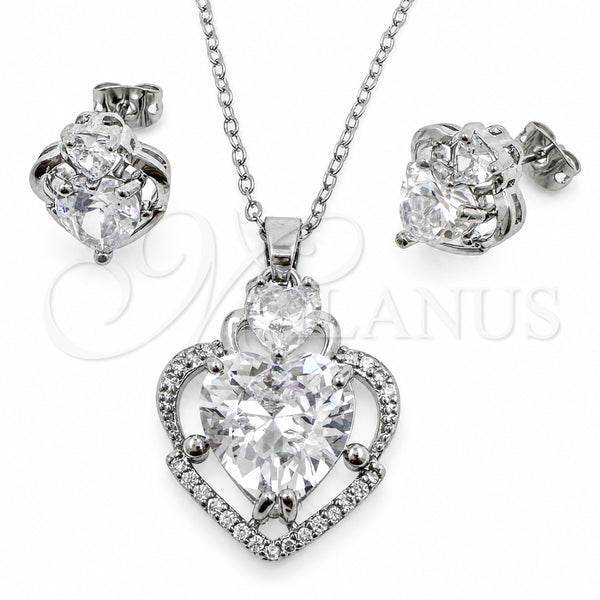 Juego de Arete y Dije de Adulto 10.448.0038 Oro Laminado Blanco, Diseño de Corazón, con Zirconia Cubica Blanca y Micro Pave Blanca, Pulido, Rodinado