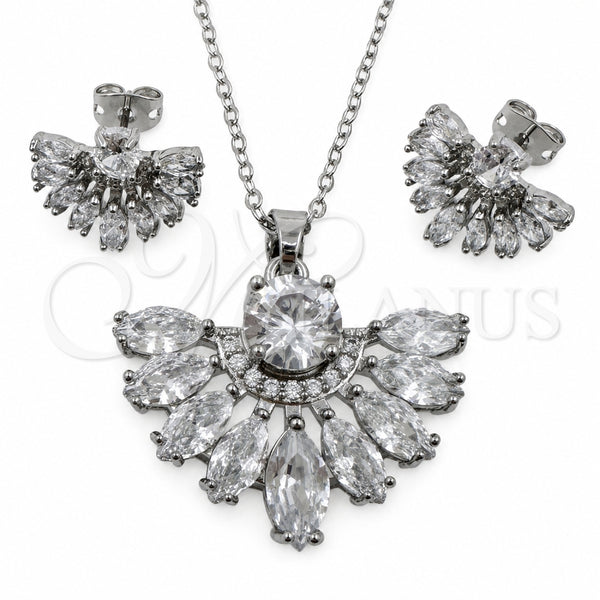 Juego de Arete y Dije de Adulto 10.448.0039 Oro Laminado Blanco, Diseño de Flor y Cluster, con Zirconia Cubica Blanca y Micro Pave Blanca, Pulido, Rodinado