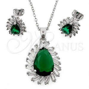Juego de Arete y Dije de Adulto 10.448.0041 Oro Laminado Blanco, Diseño de Gota y Cluster, con Zirconia Cubica Verde y Blanca, Pulido, Rodinado