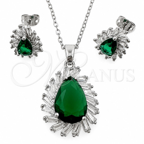 Juego de Arete y Dije de Adulto 10.448.0041 Oro Laminado Blanco, Diseño de Gota y Cluster, con Zirconia Cubica Verde y Blanca, Pulido, Rodinado