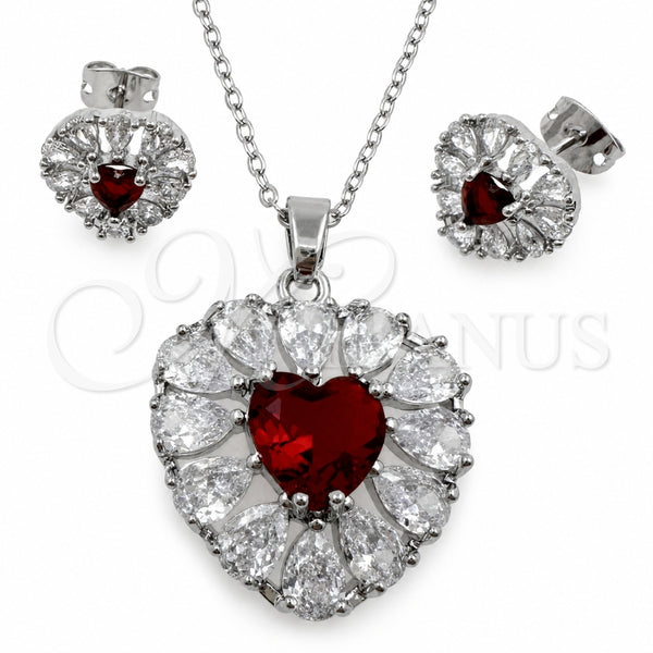 Juego de Arete y Dije de Adulto 10.448.0043 Oro Laminado Blanco, Diseño de Corazón y Cluster, con Zirconia Cubica Granate y Blanca, Pulido, Rodinado