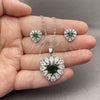 Juego de Arete y Dije de Adulto 10.448.0043.1 Oro Laminado Blanco, Diseño de Corazón y Cluster, con Zirconia Cubica Verde y Blanca, Pulido, Rodinado