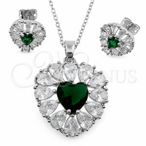 Juego de Arete y Dije de Adulto 10.448.0043.1 Oro Laminado Blanco, Diseño de Corazón y Cluster, con Zirconia Cubica Verde y Blanca, Pulido, Rodinado