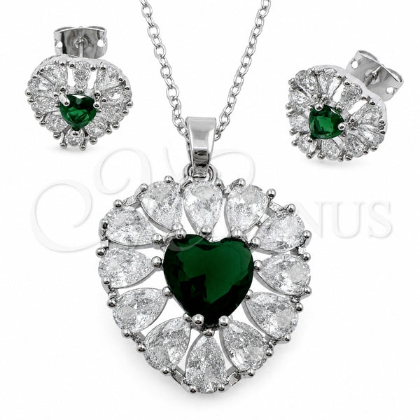 Juego de Arete y Dije de Adulto 10.448.0043.1 Oro Laminado Blanco, Diseño de Corazón y Cluster, con Zirconia Cubica Verde y Blanca, Pulido, Rodinado