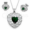 Juego de Arete y Dije de Adulto 10.448.0043.1 Oro Laminado Blanco, Diseño de Corazón y Cluster, con Zirconia Cubica Verde y Blanca, Pulido, Rodinado