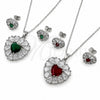 Juego de Arete y Dije de Adulto 10.448.0043.1 Oro Laminado Blanco, Diseño de Corazón y Cluster, con Zirconia Cubica Verde y Blanca, Pulido, Rodinado