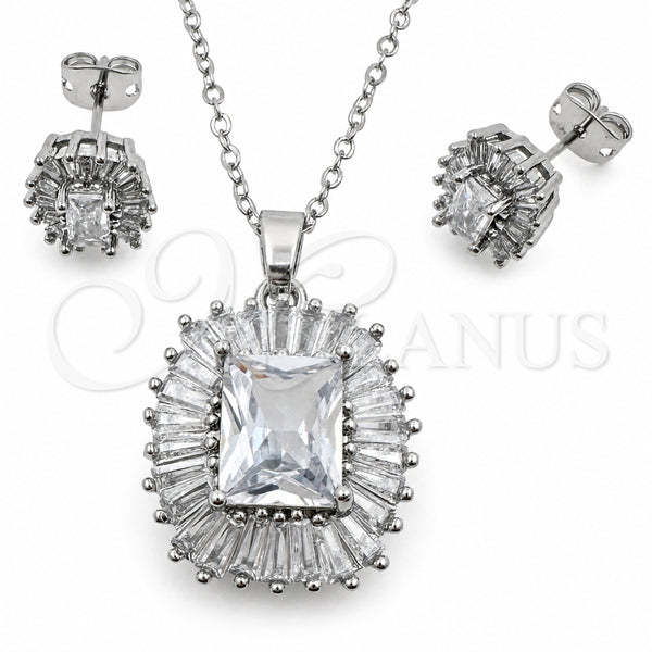 Juego de Arete y Dije de Adulto 10.448.0044 Oro Laminado Blanco, Diseño de Cluster y Baguette, con Zirconia Cubica Blanca, Pulido, Rodinado