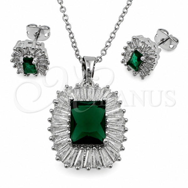 Juego de Arete y Dije de Adulto 10.448.0044.1 Oro Laminado Blanco, Diseño de Cluster y Baguette, con Zirconia Cubica Verde y Blanca, Pulido, Rodinado