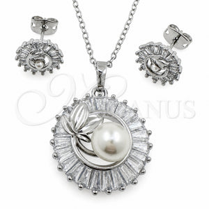 Juego de Arete y Dije de Adulto 10.448.0046 Oro Laminado Blanco, Diseño de Baguette y Oja, con Zirconia Cubica Blanca y Perla Marfil, Pulido, Rodinado