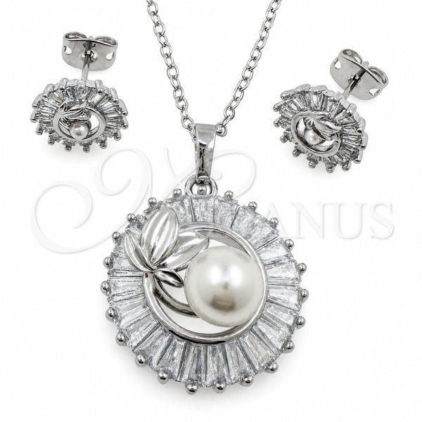 Juego de Arete y Dije de Adulto 10.448.0046 Oro Laminado Blanco, Diseño de Baguette y Oja, con Zirconia Cubica Blanca y Perla Marfil, Pulido, Rodinado