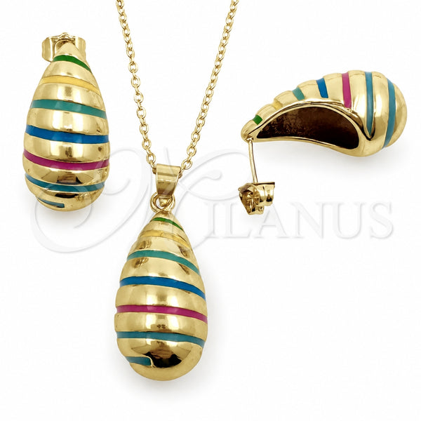 Juego de Arete y Dije de Adulto 10.312.0002 Oro Laminado, Diseño de Gota, Esmaltado Multicolor, Tono Dorado