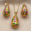 Juego de Arete y Dije de Adulto 10.312.0004 Oro Laminado, Diseño de Gota, Esmaltado Multicolor, Tono Dorado