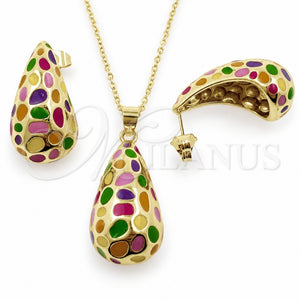 Juego de Arete y Dije de Adulto 10.312.0004 Oro Laminado, Diseño de Gota, Esmaltado Multicolor, Tono Dorado
