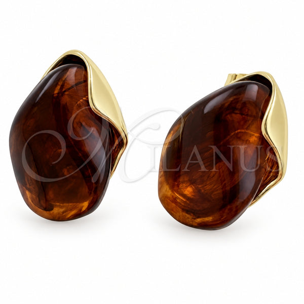 Arete Dormilona 02.60.0182 Oro Laminado, Diseño de Gota, Resinado Marron, Tono Dorado